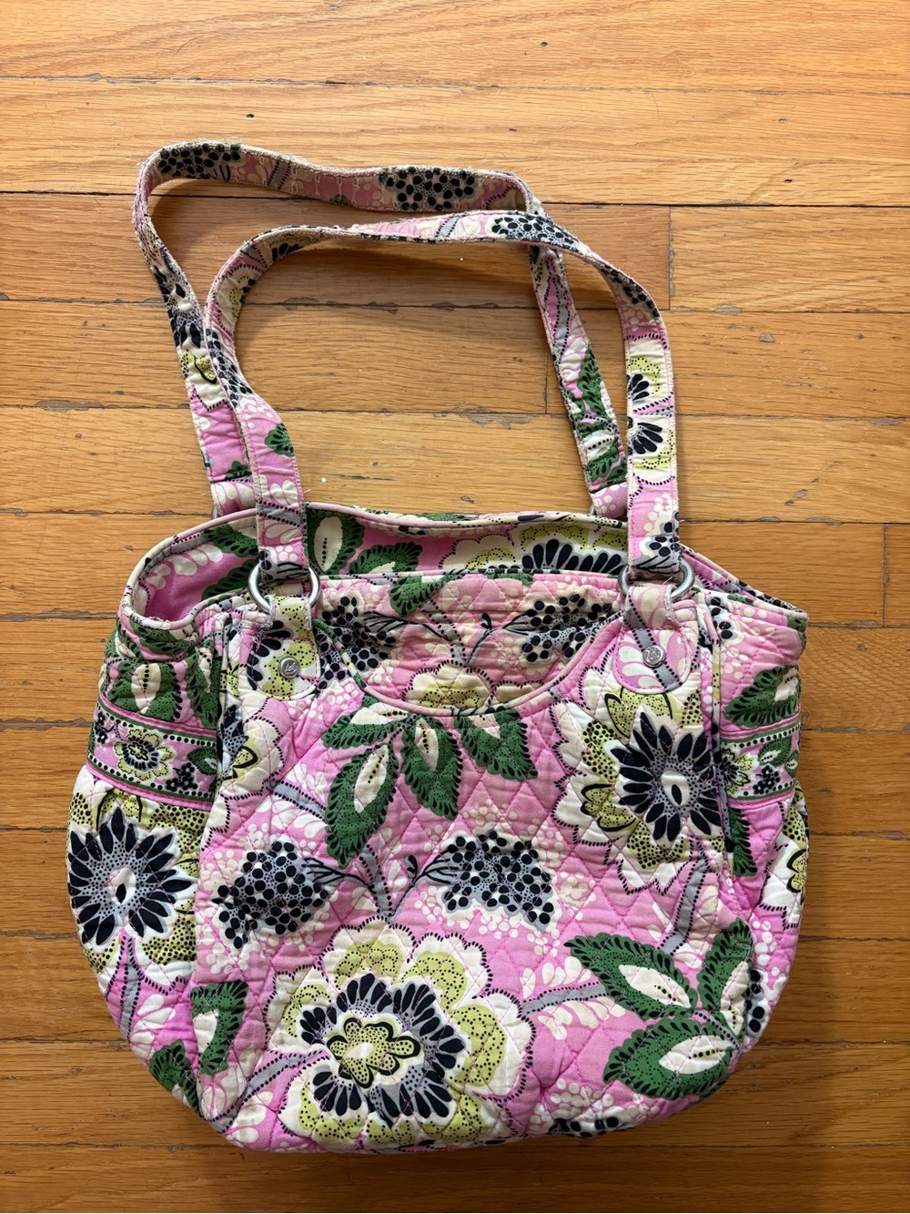 Vera Bradley Priscilla Pink Floral Quilted Tote with Green and Black Accents